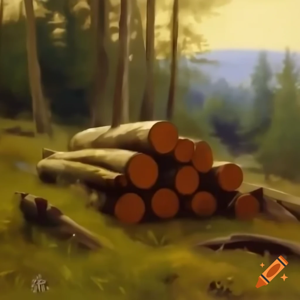 Log pile in woodland clearing, painting by Thomas Kinkade