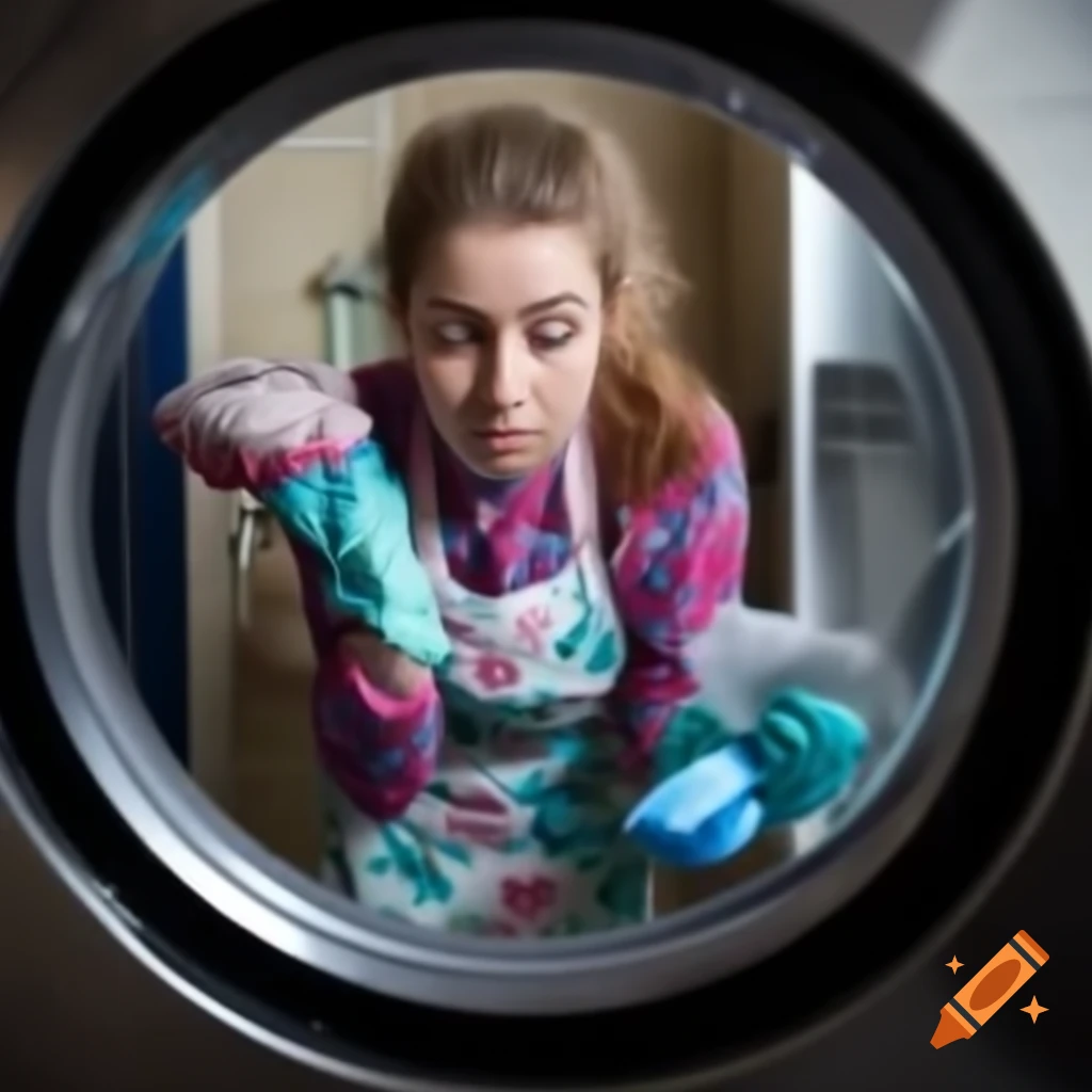 Young caucasian woman in floral apron loading washing powder into