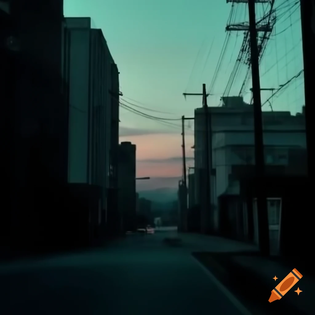 Sad cityscape at dusk with muted black and teal colors