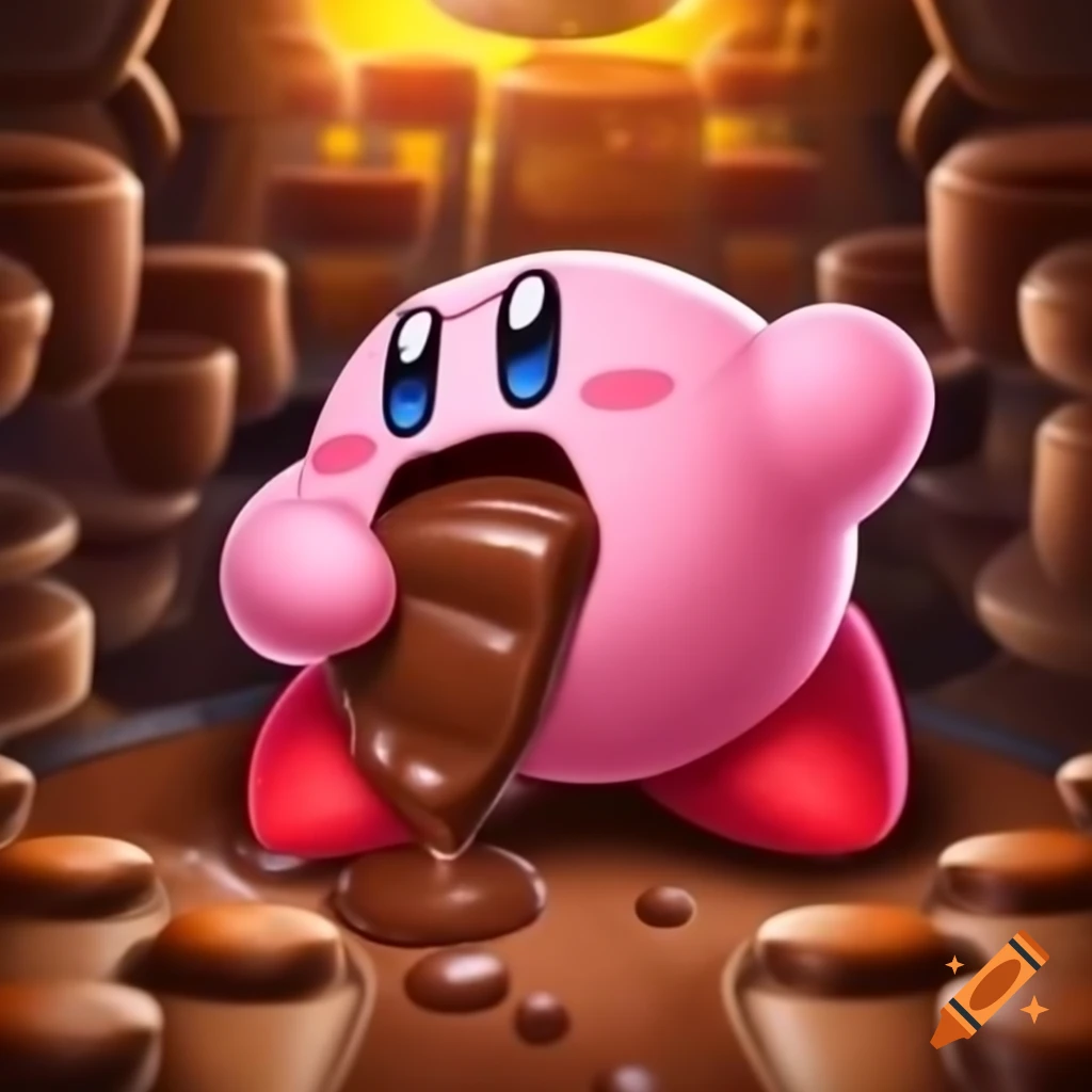 Kirby enjoying chocolate inside a factory, Nintendo GameCube graphics