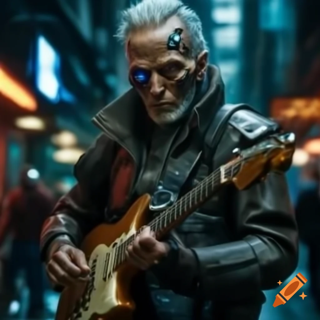 Old man with cybernetic enhancements playing electric guitar in cyberpunk alley