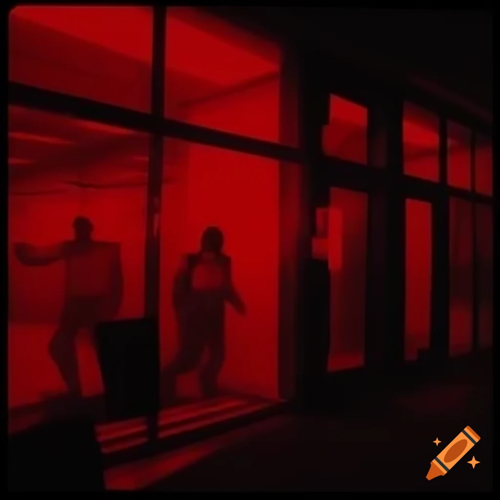 Red-tinted interior scene of a bank or office with counters and computer monitor