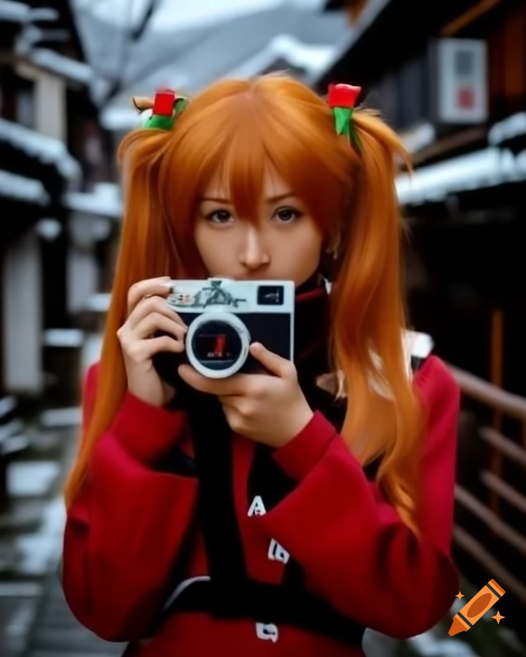 Fugitive encounter with Asuka Langley cosplay actress holding Polaroid camera in snowy Japanese town