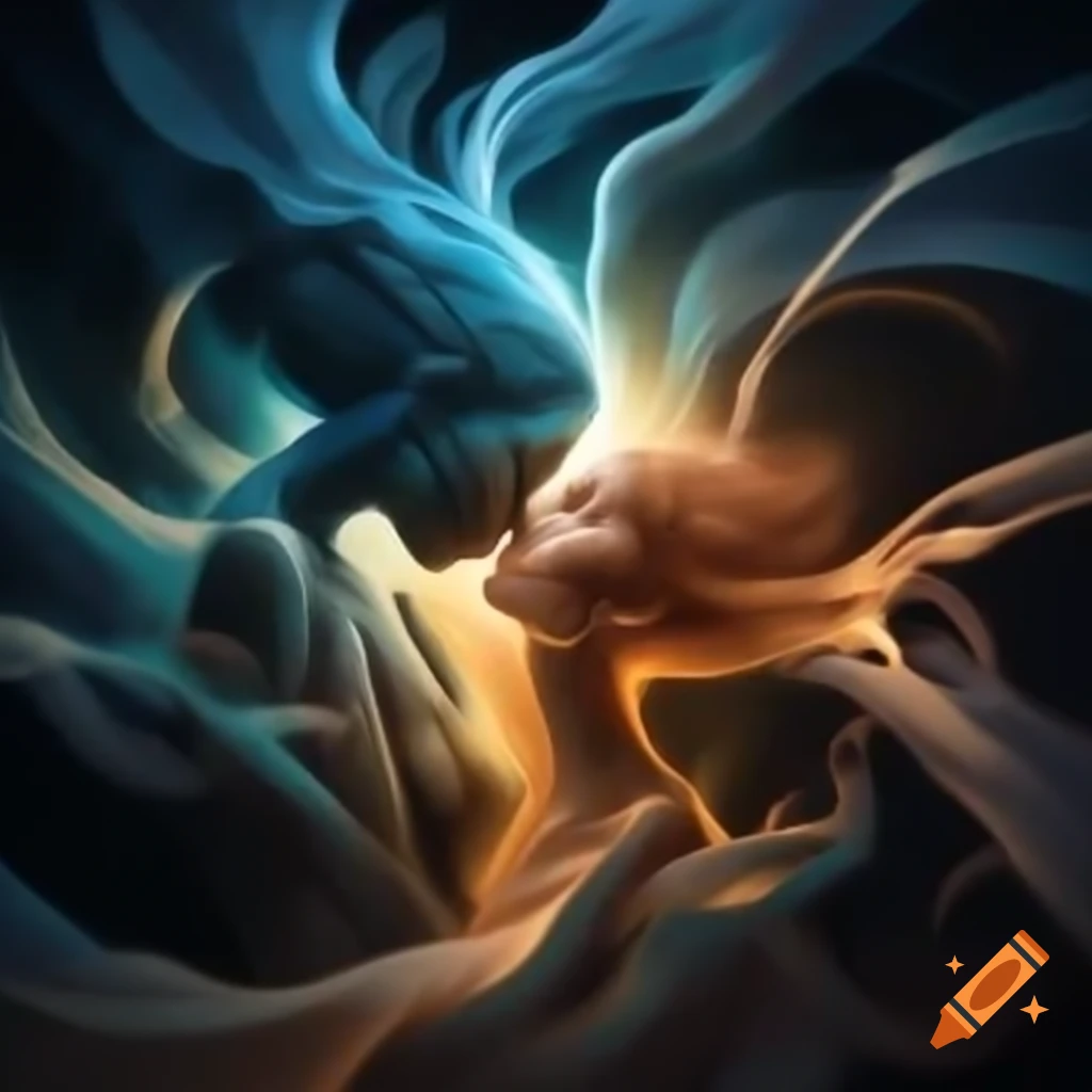 Beings of pure energy embracing in a psychedelic scene