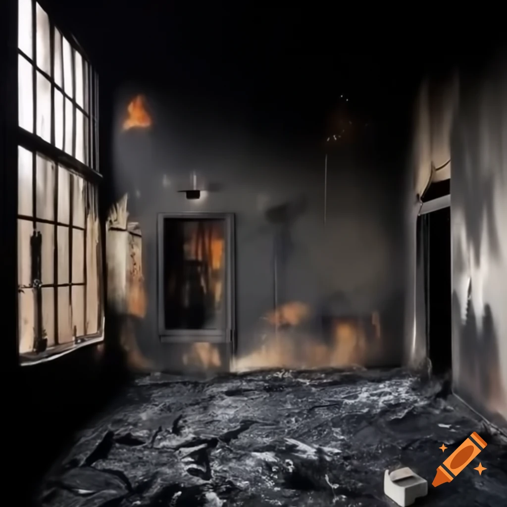 Fire scorched wall with burnt paintings in a distressed room