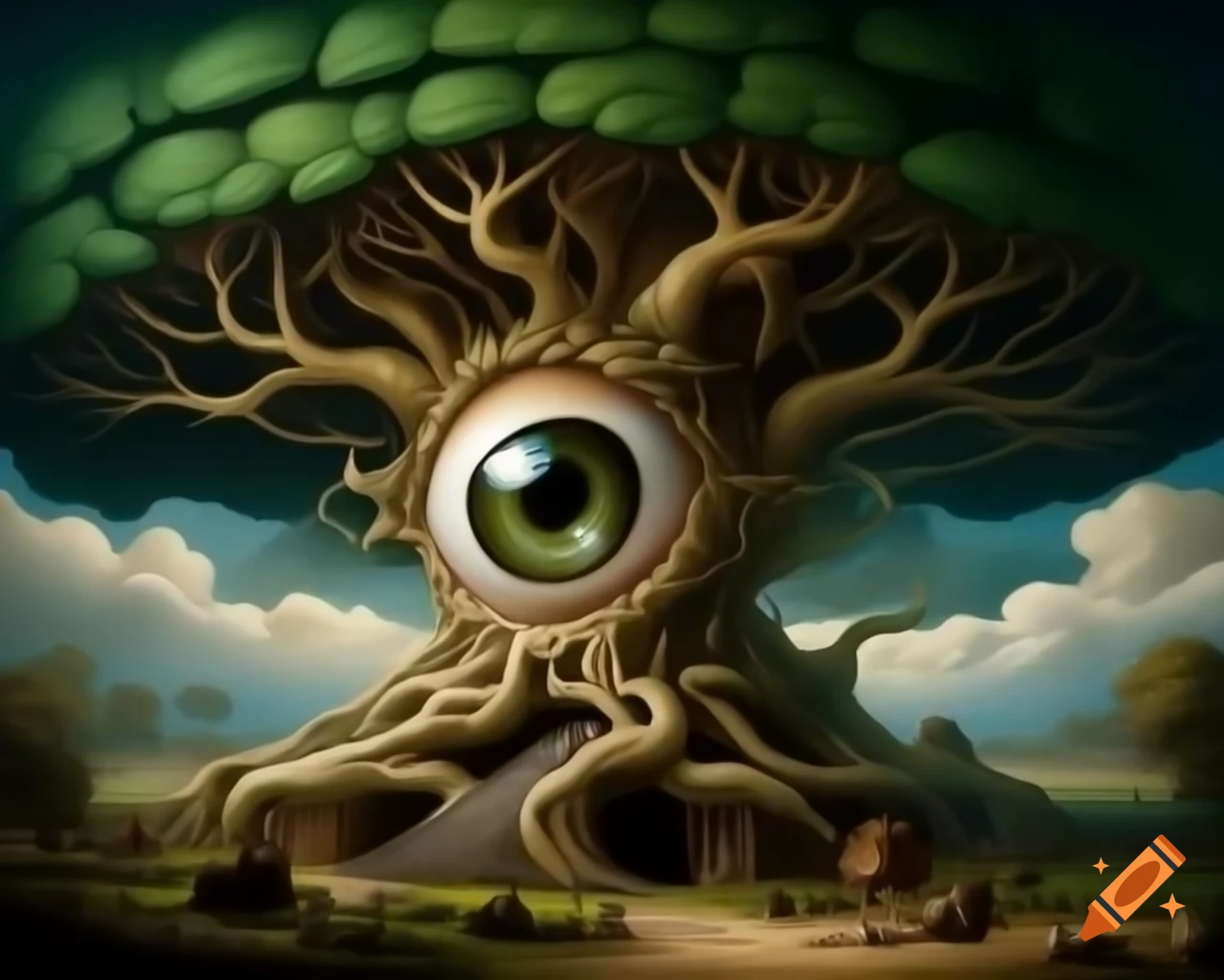 Baroque surreal illustration of a giant eye tree in oil painting
