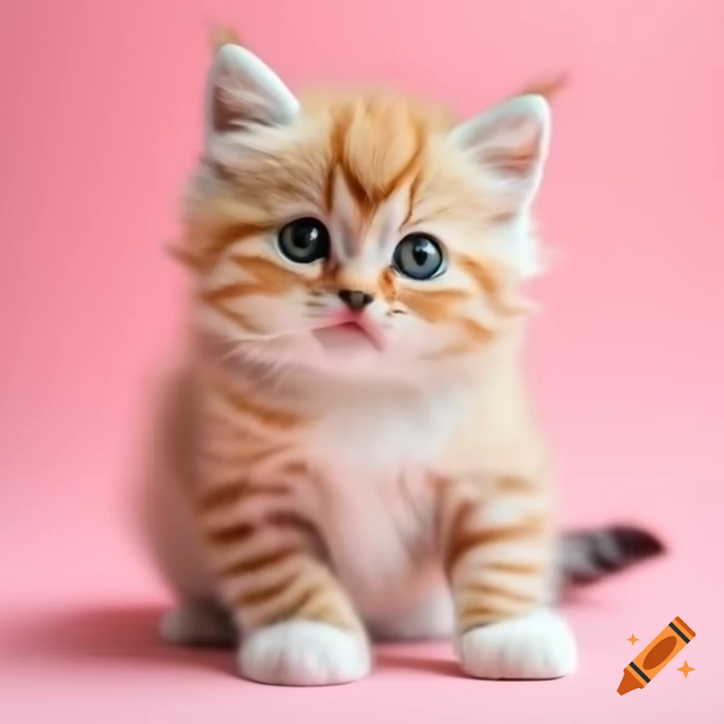 Fluffy cute kitten on pink background