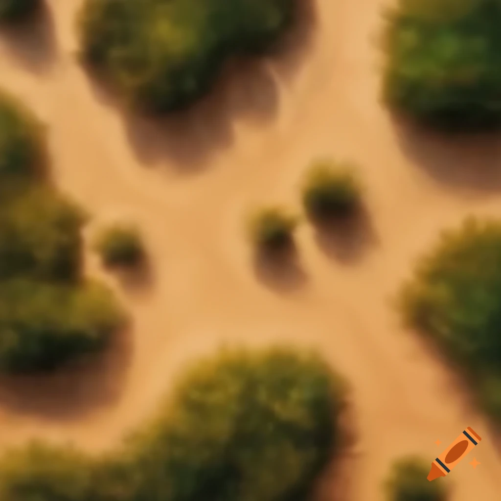 Top-down view of sandy path through lush vegetation, oil painting