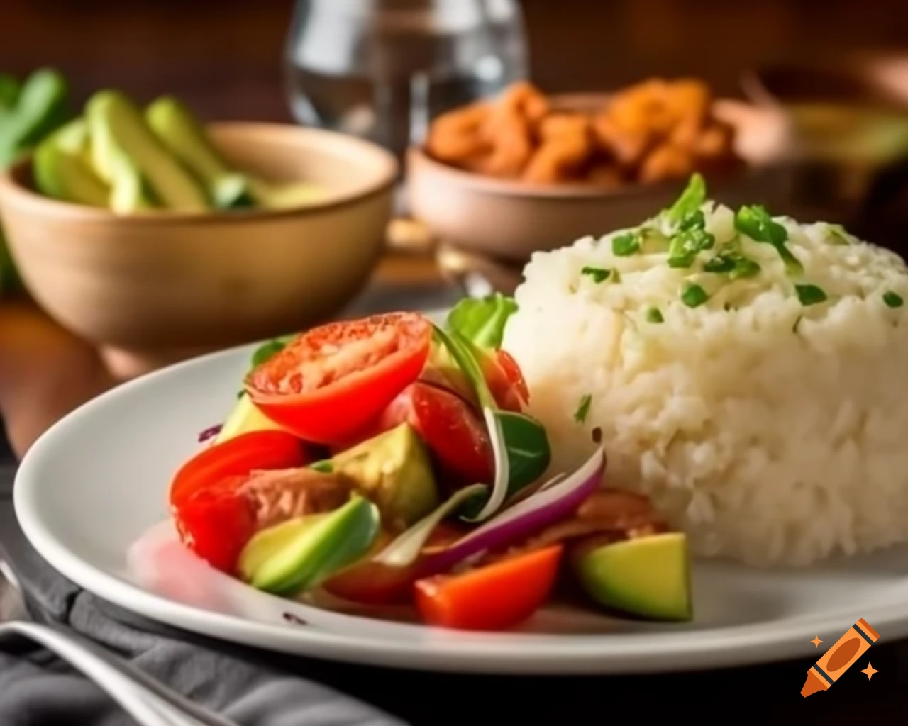 Plate of rice with fried tomato, avocado salad, and seasoned onion steak in professional food photography