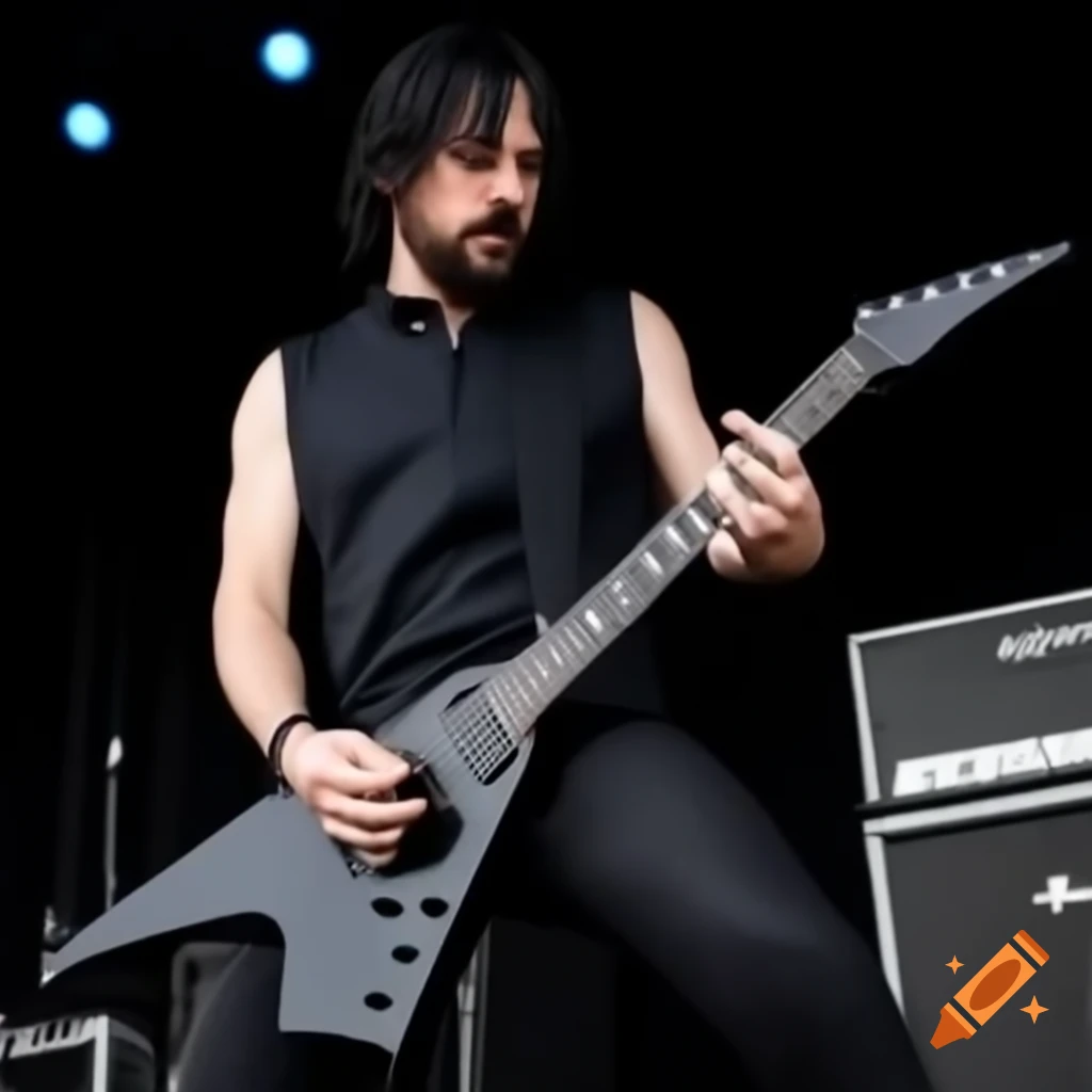 Man with short black hair and beard performing on electric guitar at concert