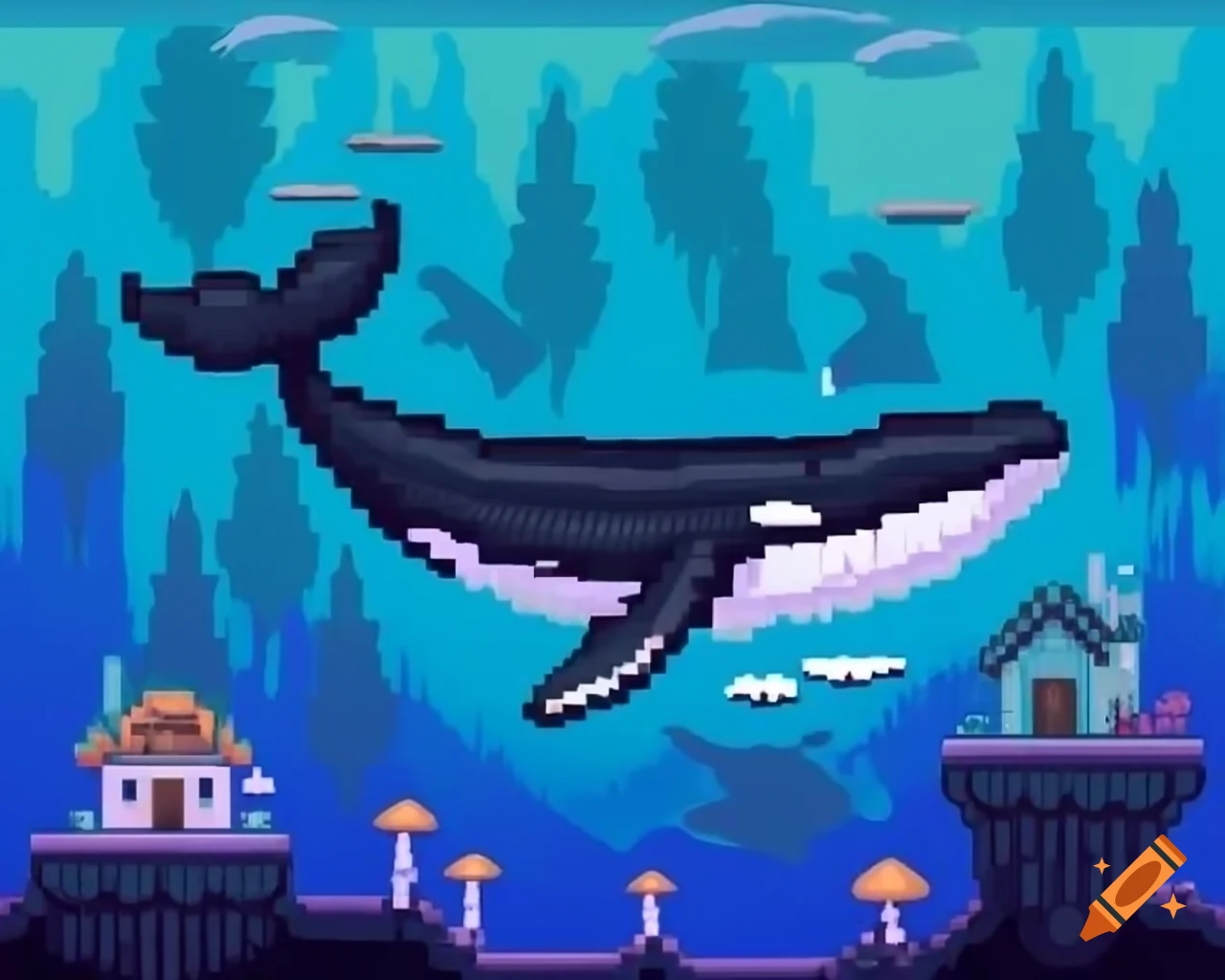 Pixel art of whale swimming among skulls and mushroom houses