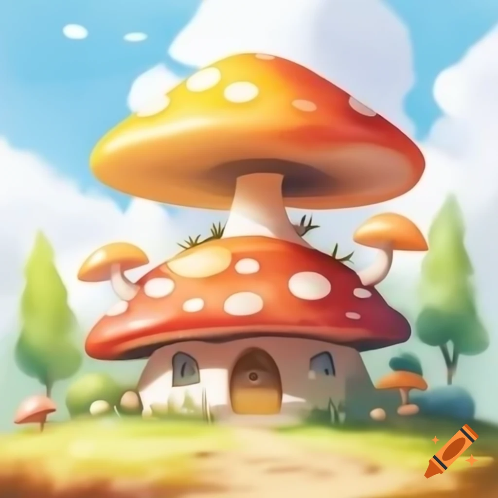 Watercolor mushroom house in mustard and brown storybook style