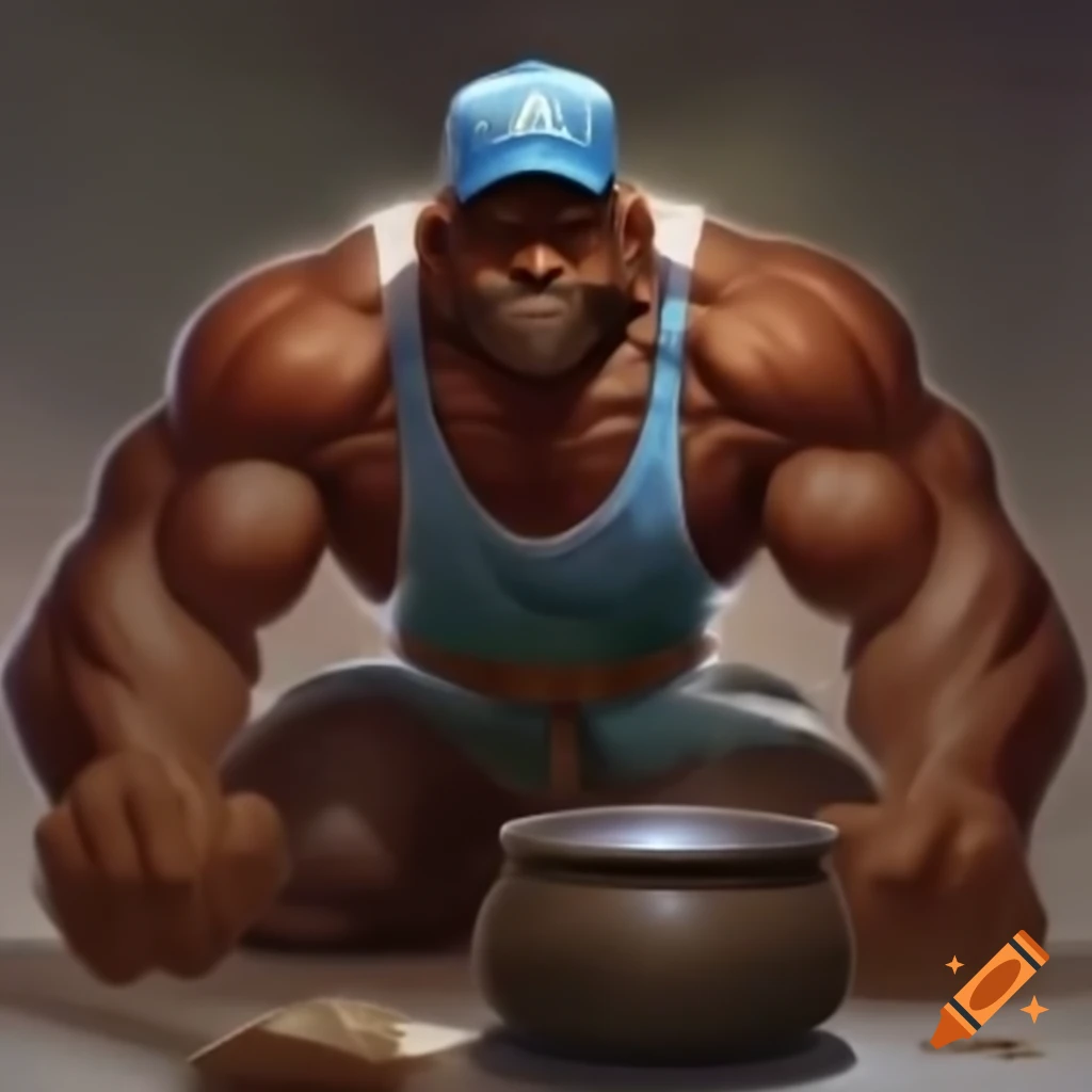 Elderly muscular black man in cap and tank top holding creatine and whey protein