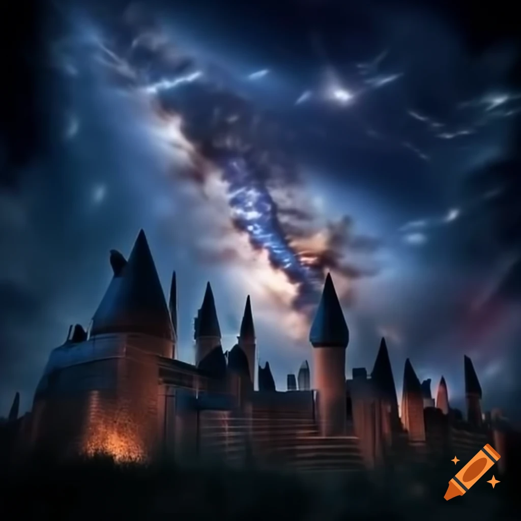Hogwarts castle against a galaxy sky with lightning
