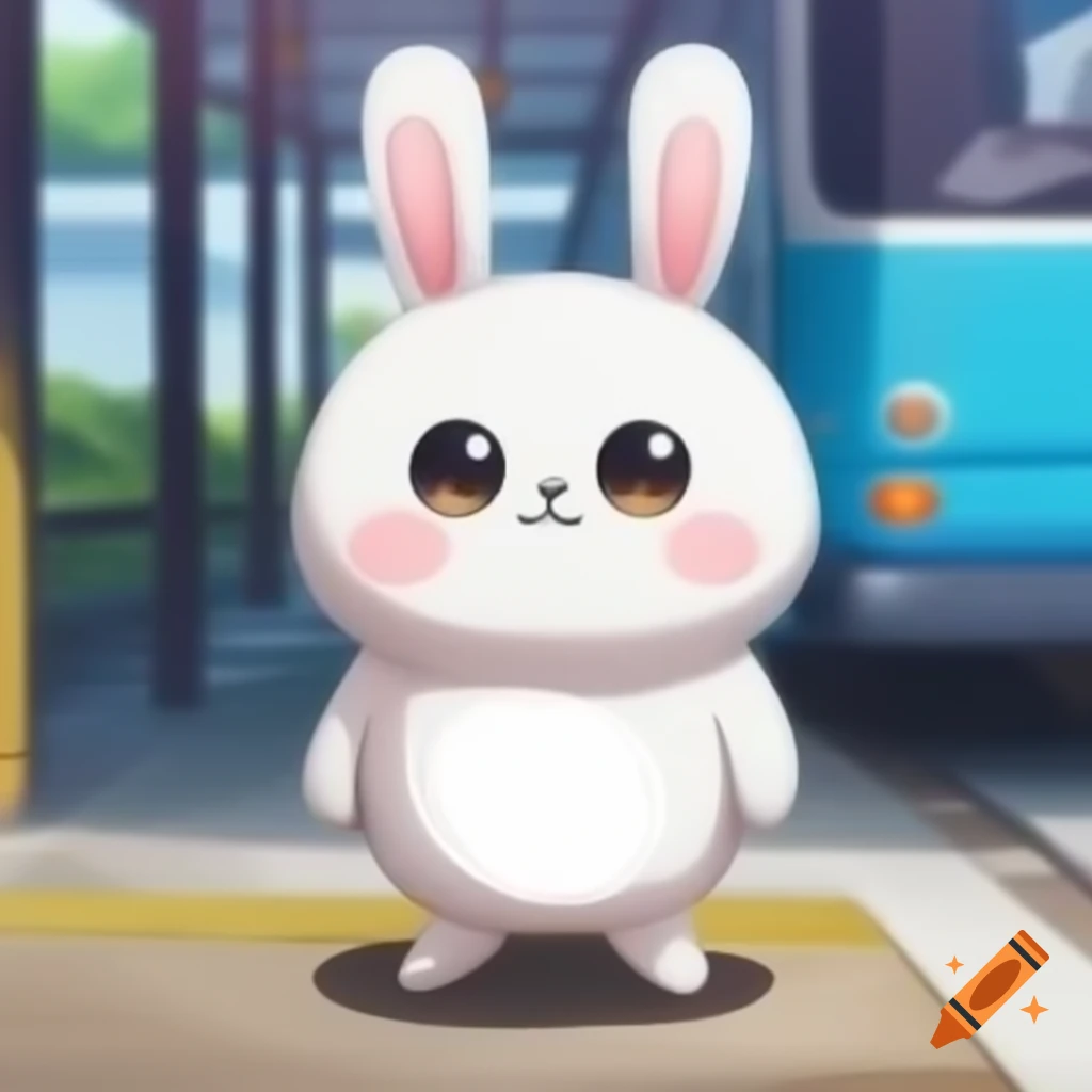 Cute bunny anime character at a bus stand background