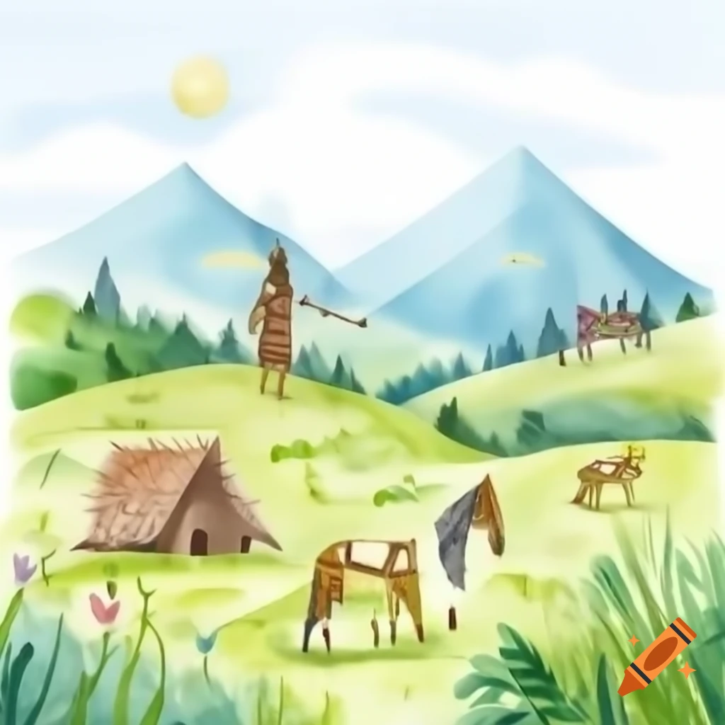 Concept of a primitive world with basic landscapes