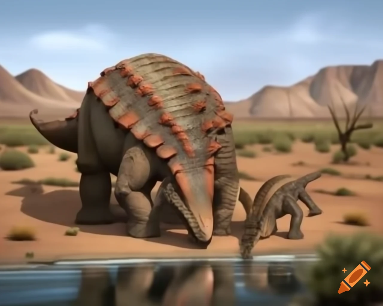 Cinnamon and brown striped ankylosaurus drinking from desert pond in Badlands landscape