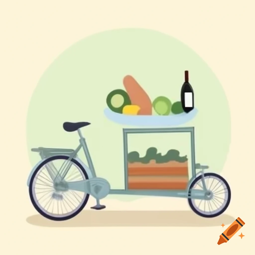 Minimalist illustration of cargo bike filled with fresh produce and dairy products in pastel colors