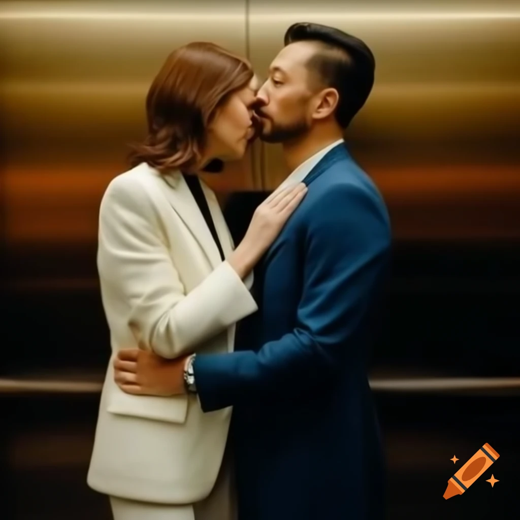 Intimate scene inside elevator with a woman in cream blazer and white pants