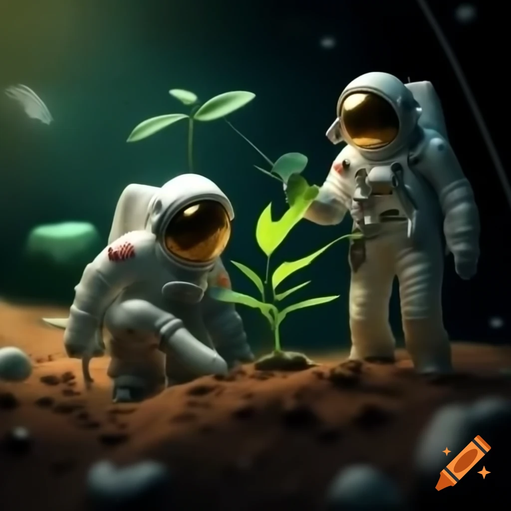 Astronauts cultivating plants aboard a spacecraft