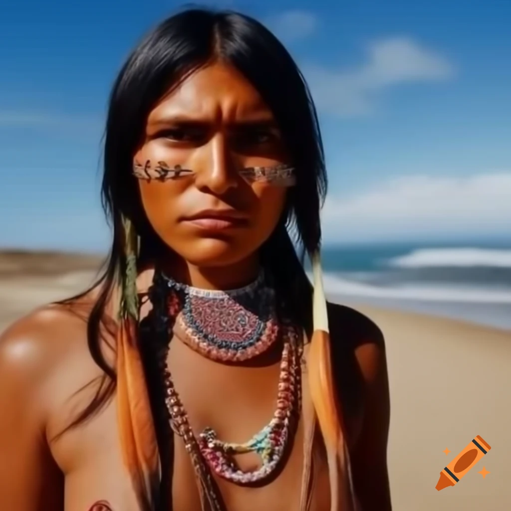 Indigenous woman on the beach with body art and dark long hair