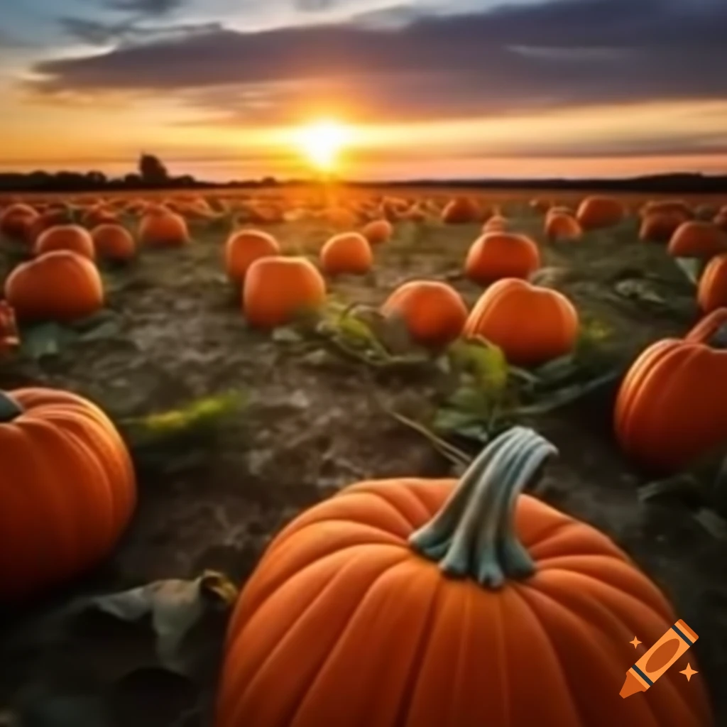 Golden hour illuminating a pumpkin field