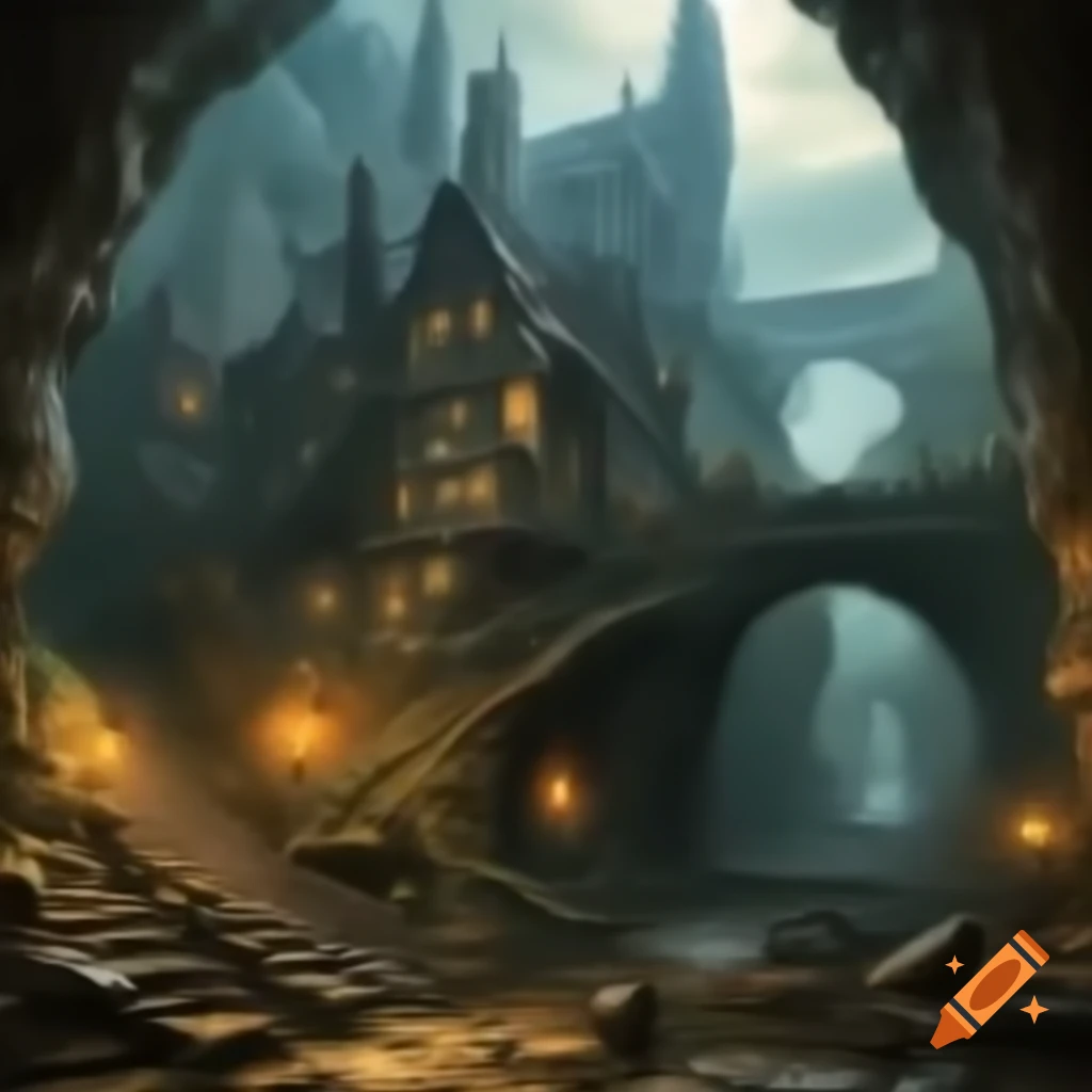 Gritty fantasy town located by a gorge