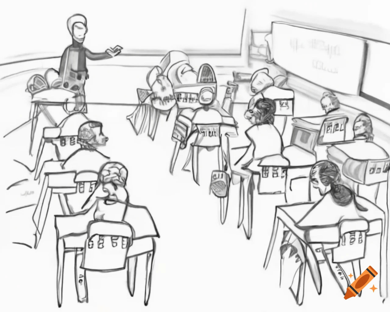 Tutor engaging in relaxed conversation with students in classroom