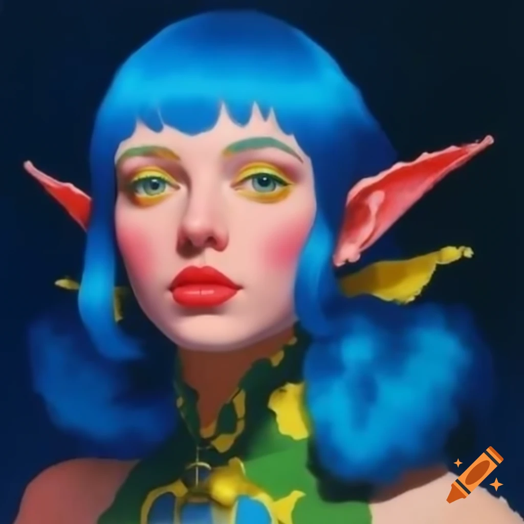 Retro pixel art portrait of blue-haired demi-elf in nomad village, impressionist style