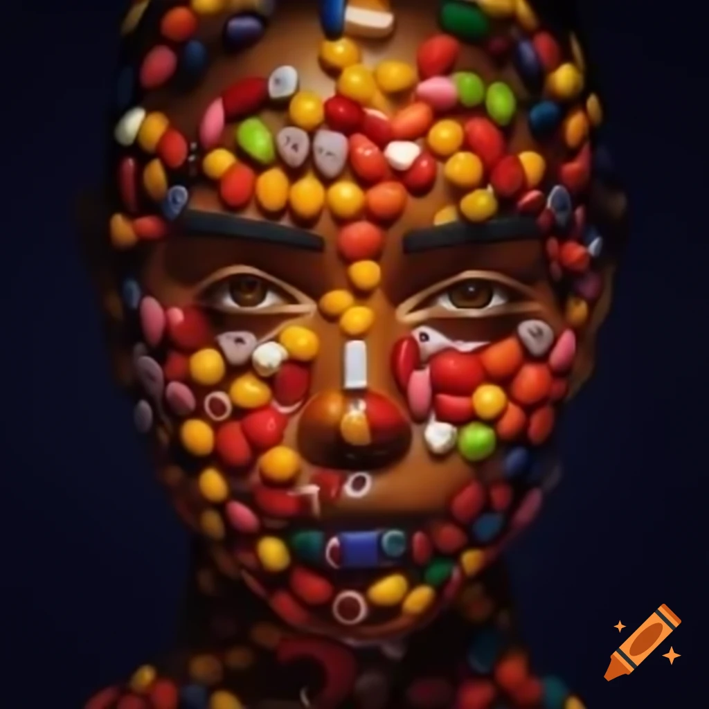 Heroic candy warrior staring into the camera, full body ultrarealistic photograph