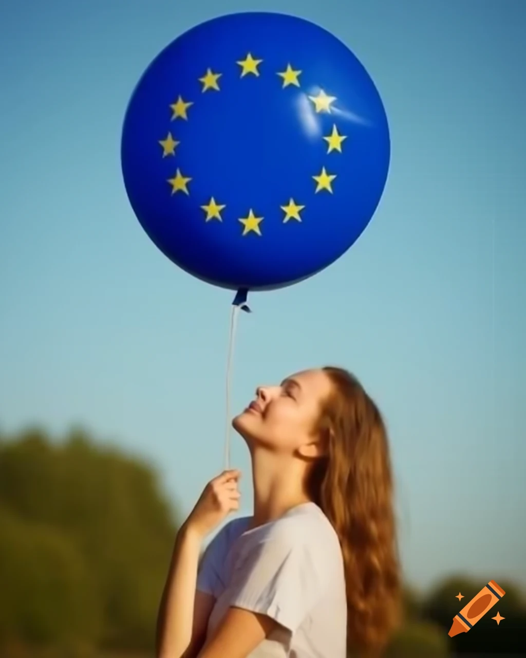 Young woman kissing EU flag balloon in sunlight, happy portrait