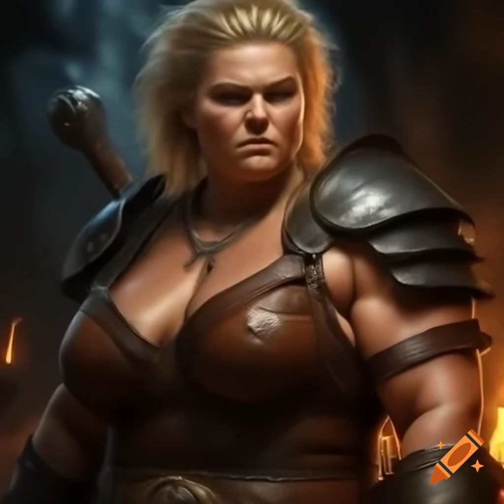 Muscular barbarian woman in leather armor with scars and flail