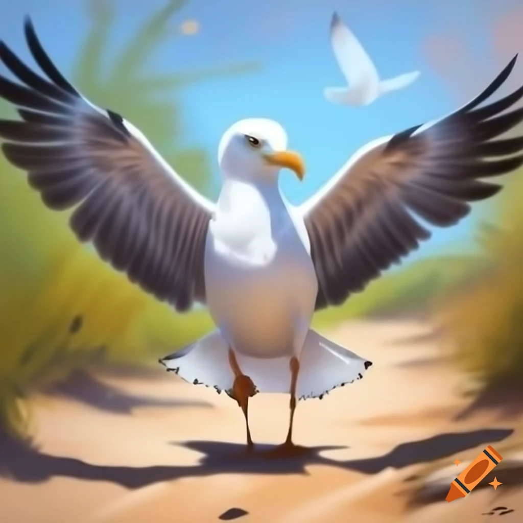 Seagull with eagle wings and beak hovering over sandy path through vegetation, acrylic painting