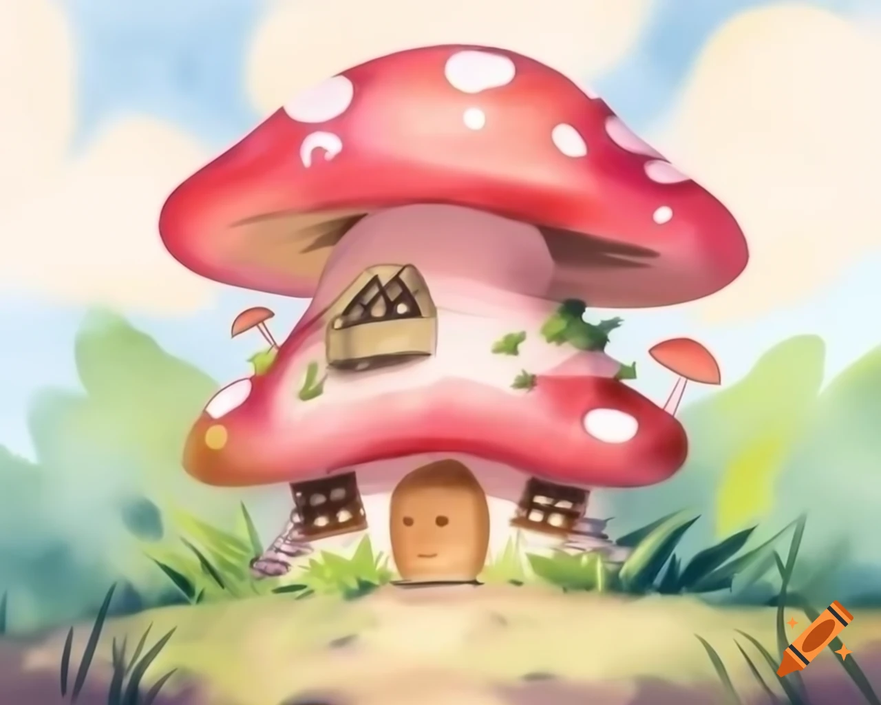 Watercolor mushroom house in light pink and brown, storybook style