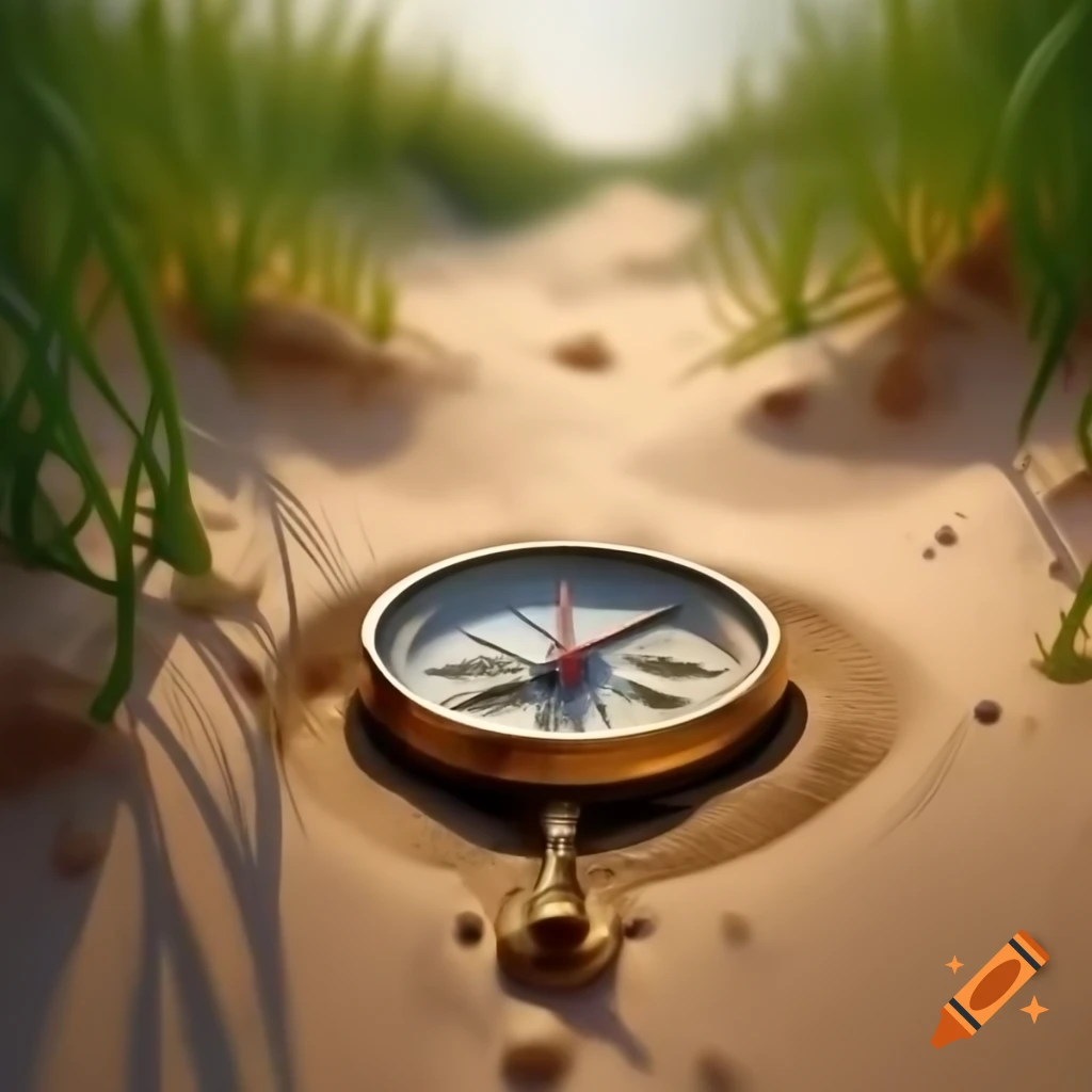 Brass compass buried in sand on path through vegetation, oil painting