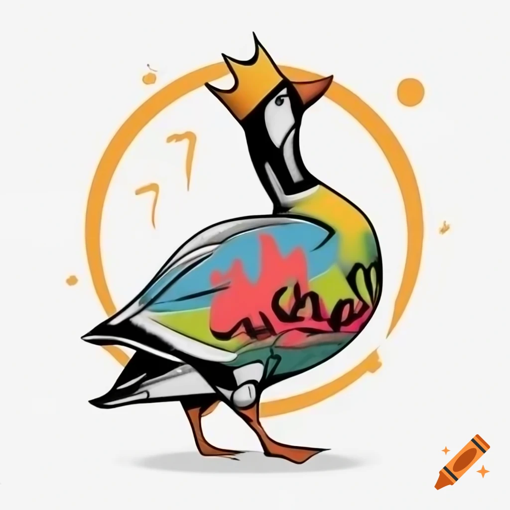 Graffiti-style goose wearing a crown in jungle, facing right