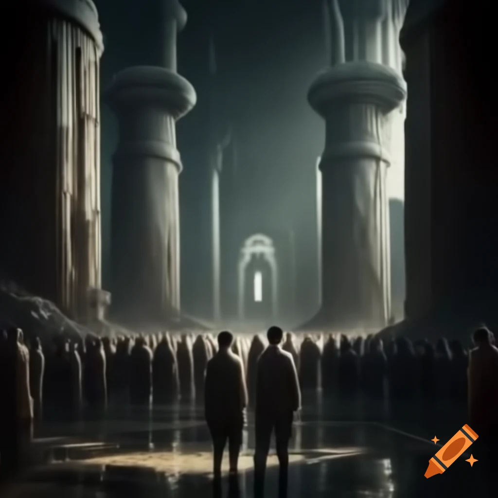 Soulless crowd in alien ruins temple, Nouveau Realisme style with subtle brown palette
