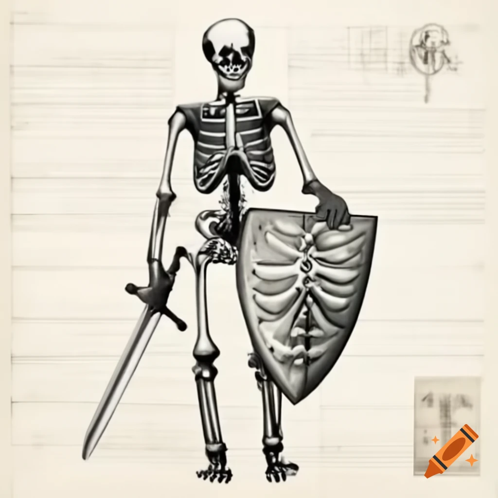 Medieval manuscript drawing of skeleton with sword and shield in black and white