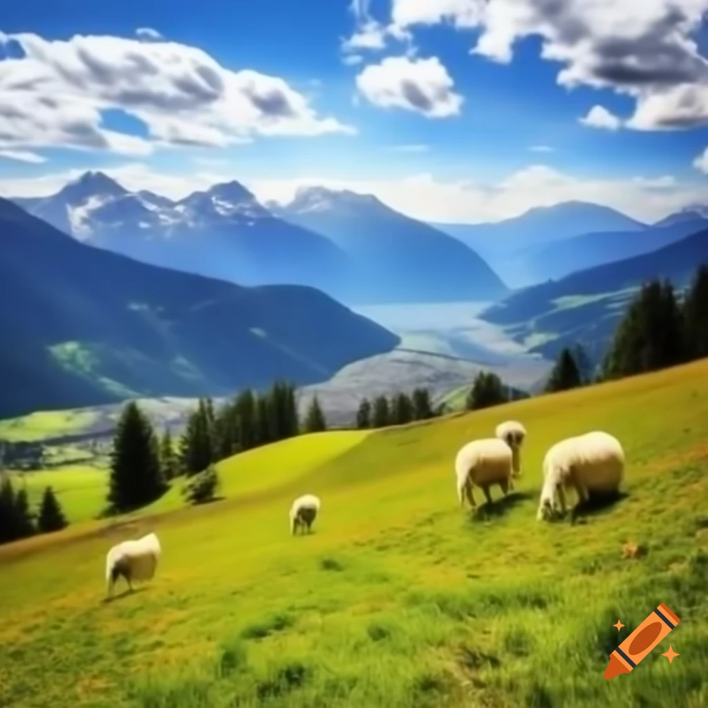 Beautiful meadows with Alps and distant city, sheep in foreground