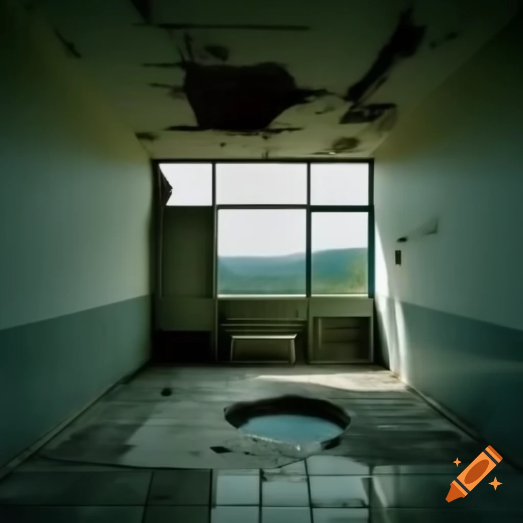 Eerie bright white restaurant backroom with a large pit in ruined tile floor