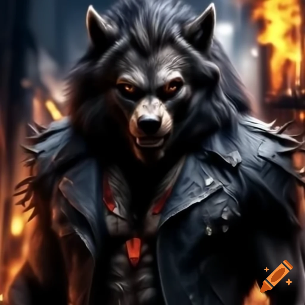 Modern metallic punk style werewolf with fire elements