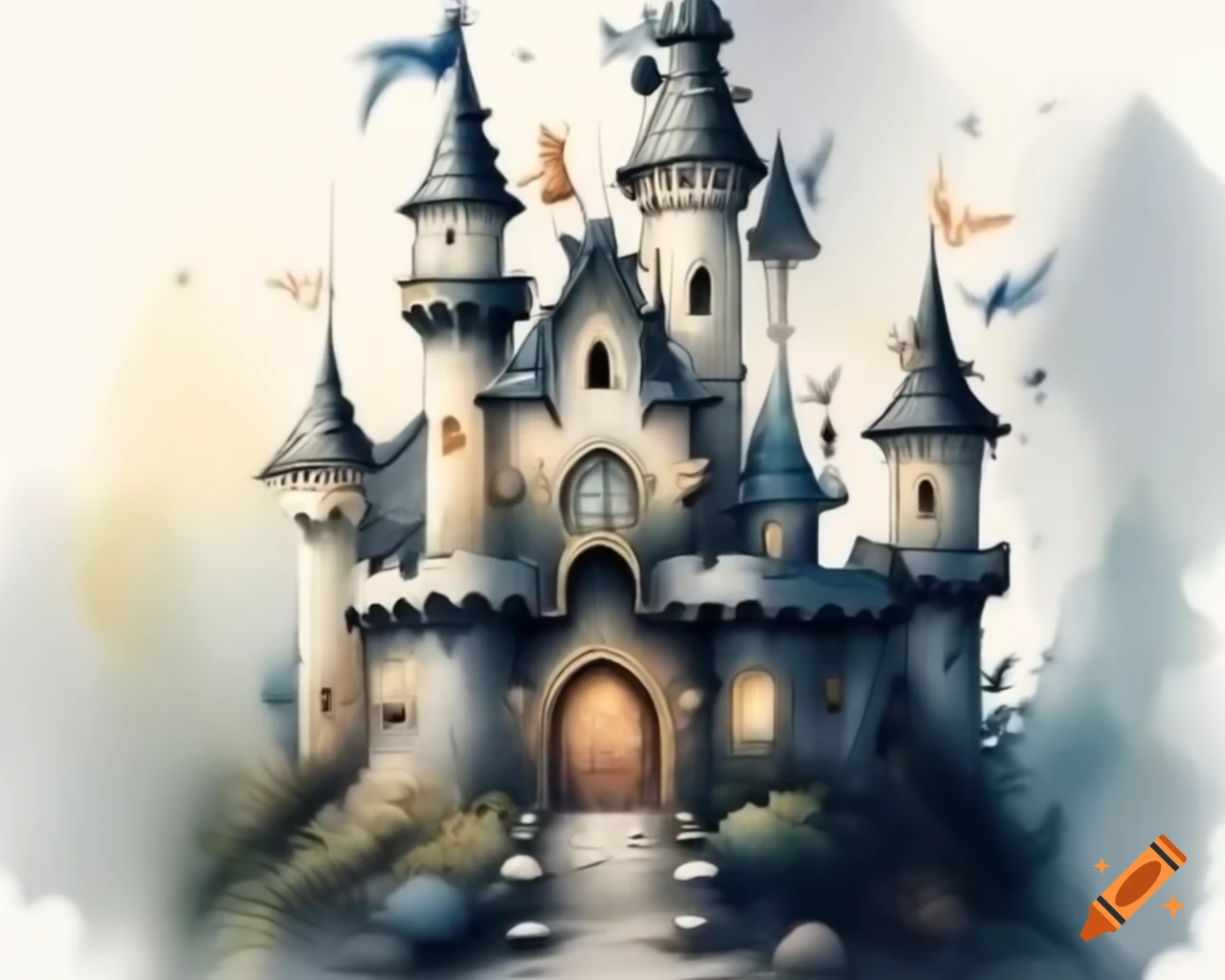 Watercolor fairy castle in black and cream storybook style