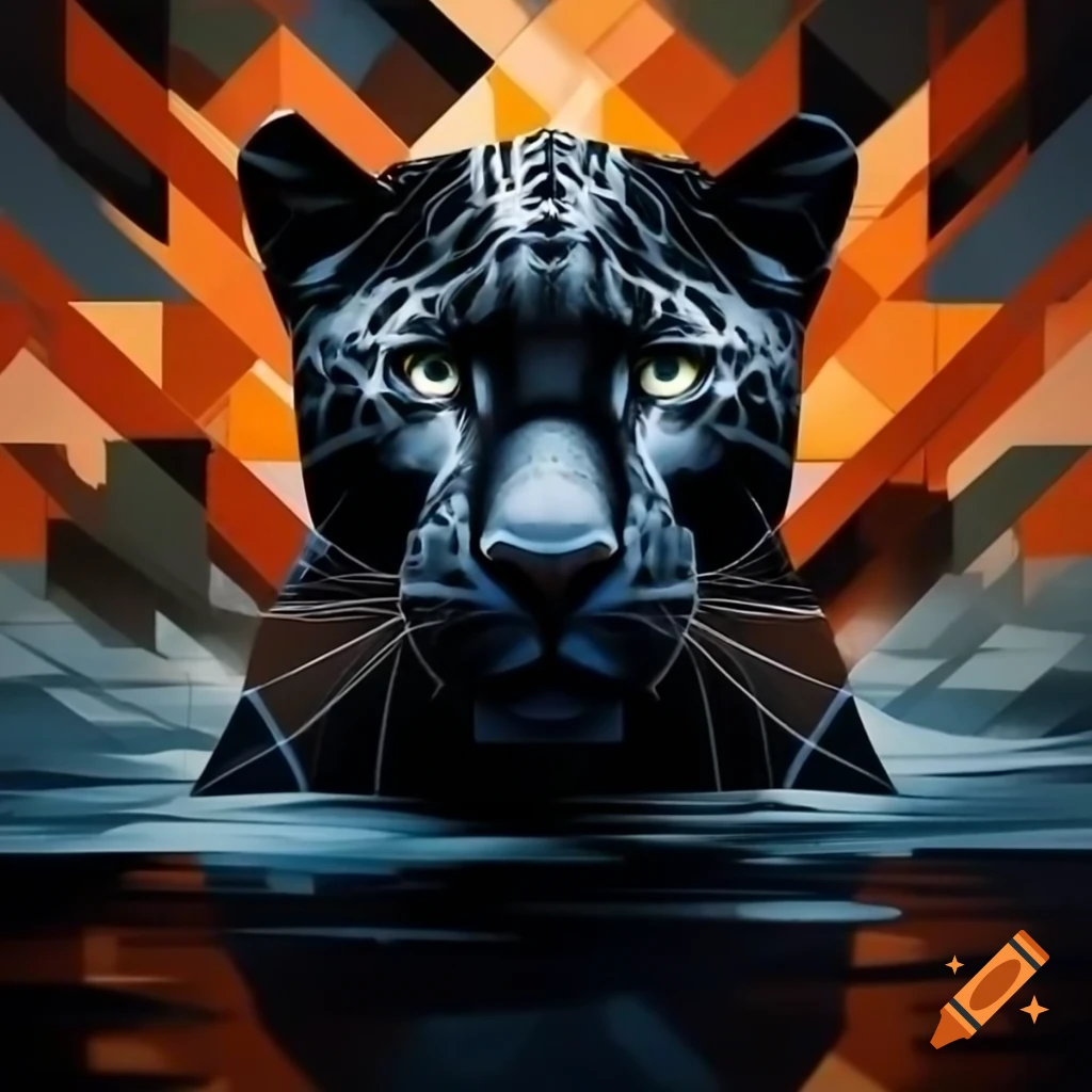 Abstract geometric black panther face painting with fire and water elements in Zao Wou-Ki and Julie Mehretu styles