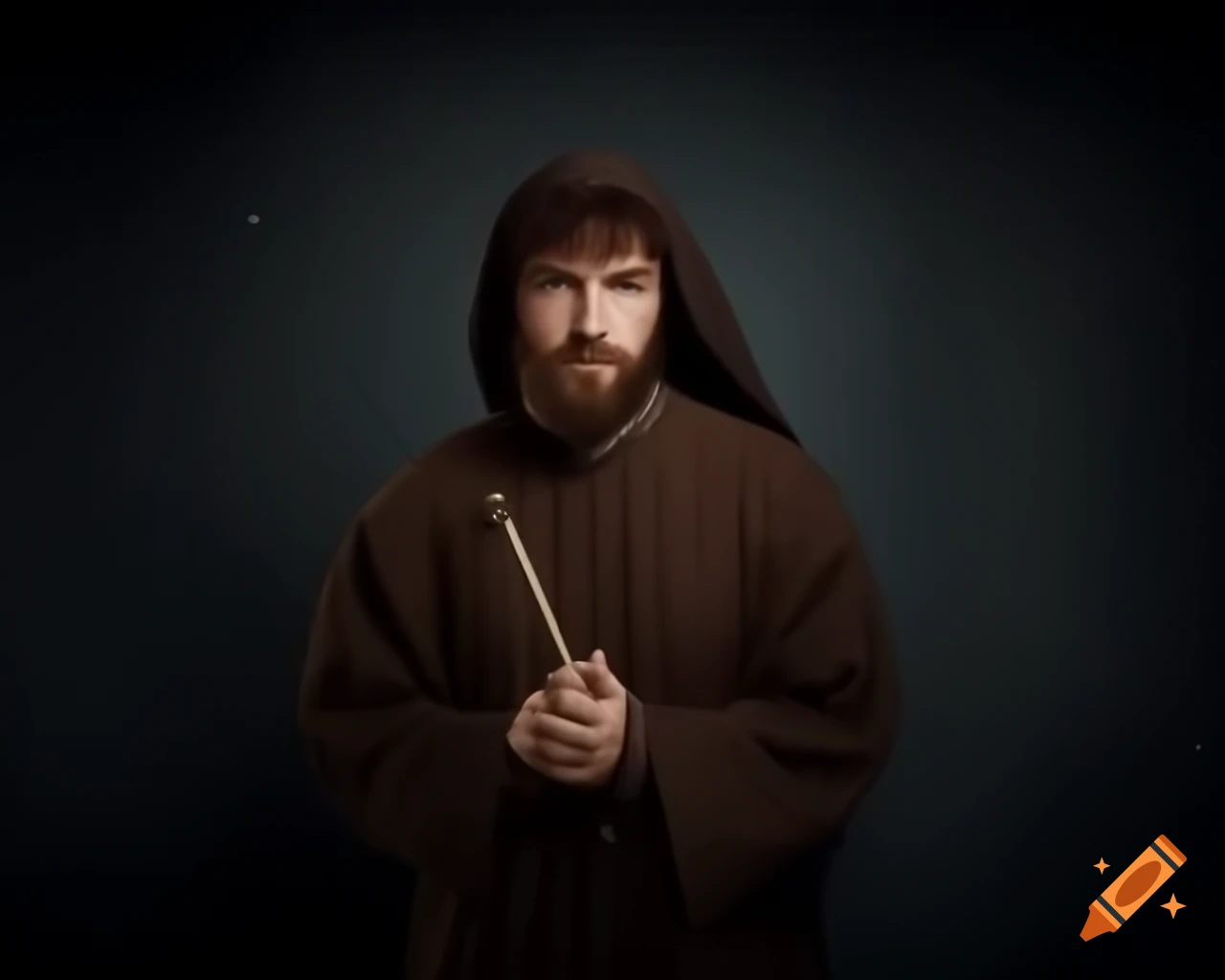 Male priest in brown medieval attire holding a wand in a pose