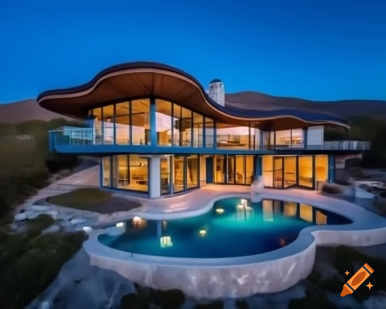 Aerial view of modern blue mushroom house with glass windows and pool on mountain