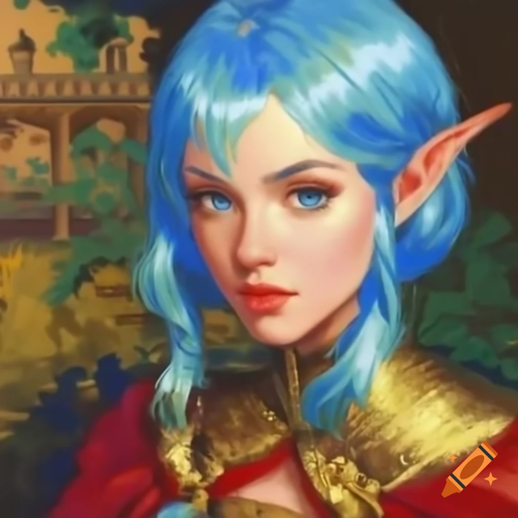 Retro pixel art portrait of blue-haired demi-elf in nomad village, impressionist style