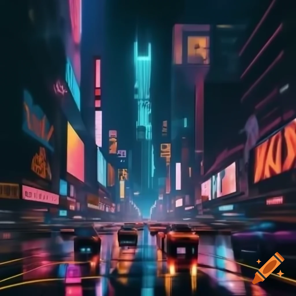 Cyberpunk cityscape at night with neon signs and skyscrapers