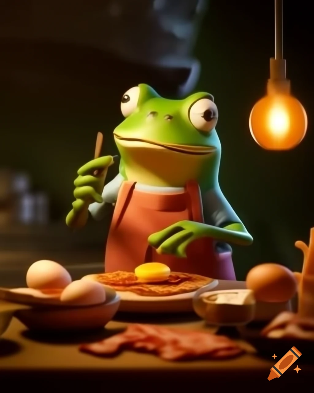 Anthropomorphic frog cooking fried eggs and bacon in cozy Pixar-style 3D animation