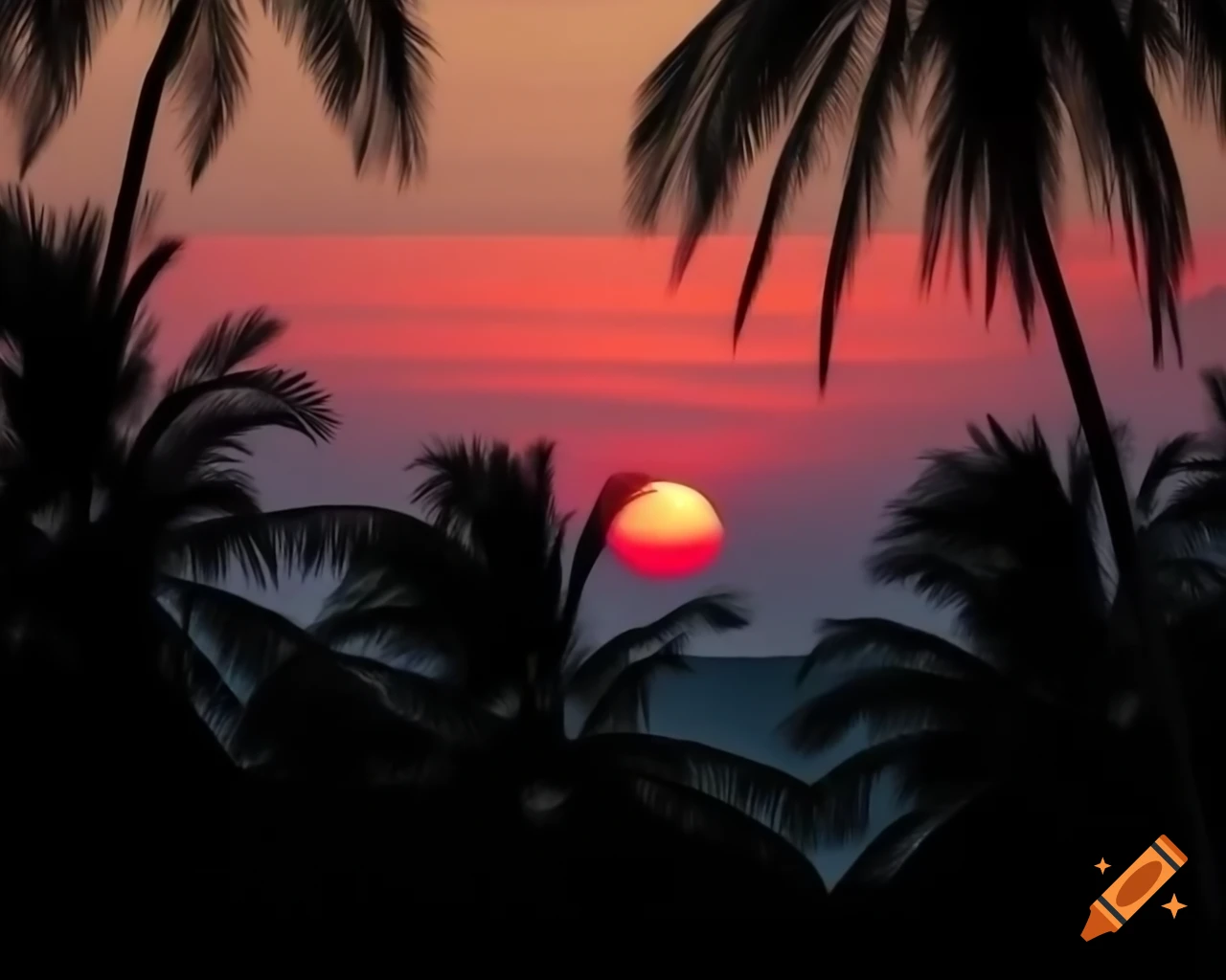 Warm red sunset over beach with palm trees