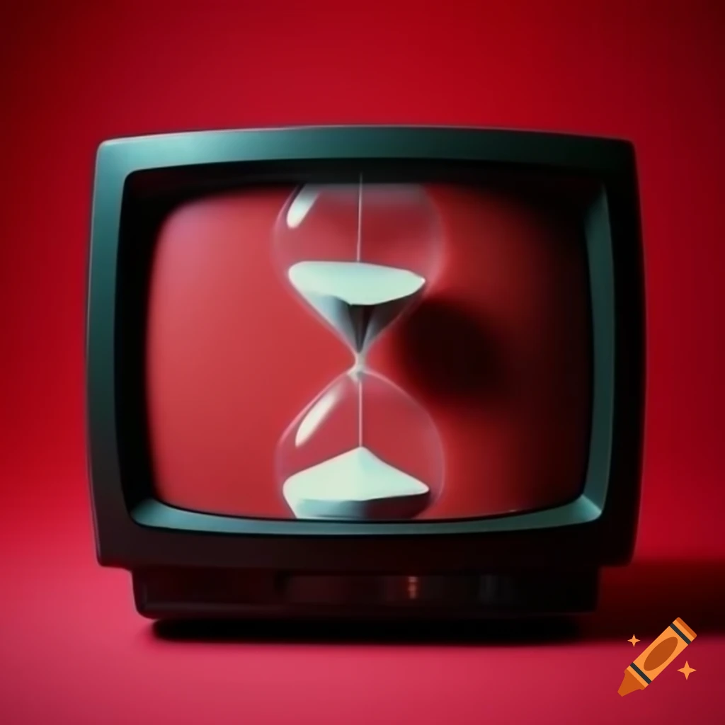 Black CRT TV displaying hourglass on red background